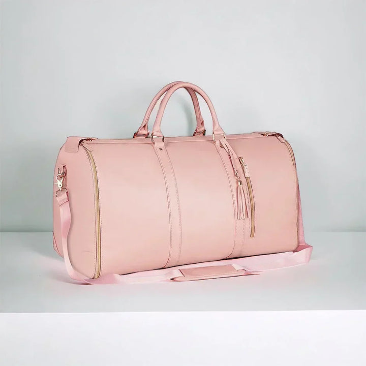 Stylish PU leather garment duffel bag, compact and carry-on friendly for men & women travelers.