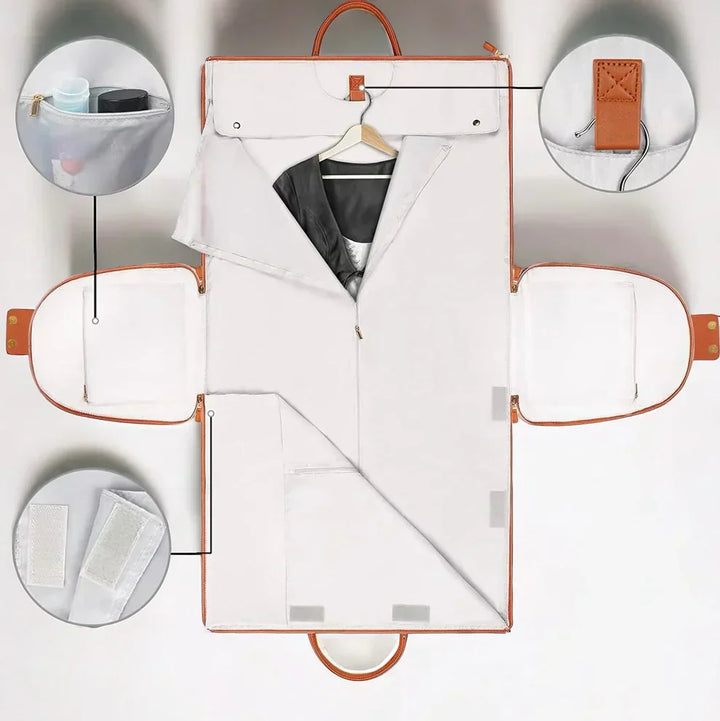 Smart wrinkle-free garment bag & duffel, ensuring your clothes stay pristine during travel.