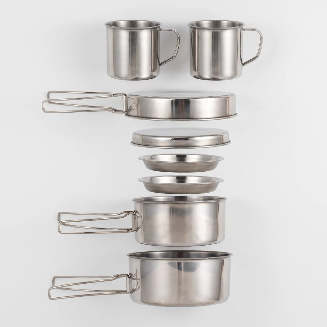 Compact stainless steel camping mess kit with cookware for outdoor cooking, hiking, and backpacking.