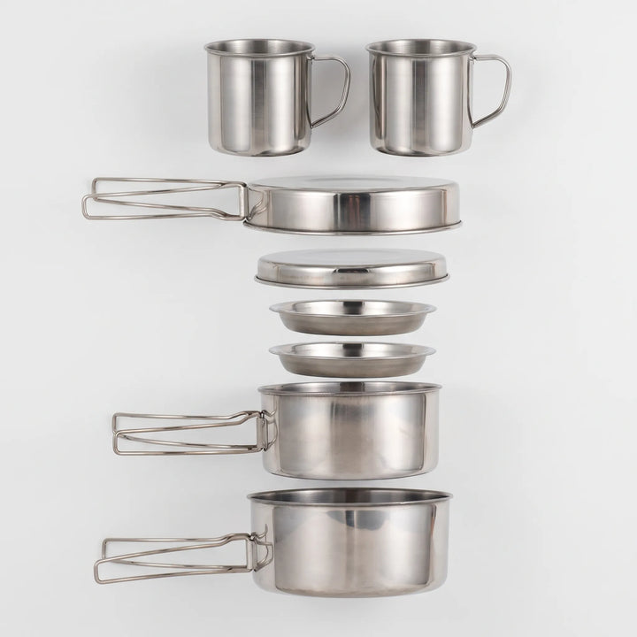 Compact stainless steel camping mess kit with cookware for outdoor cooking, hiking, and backpacking.