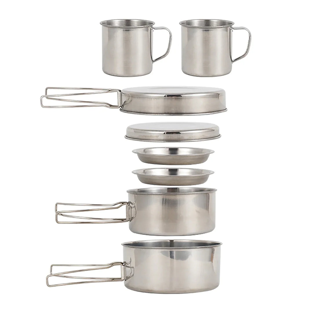 Complete compact camping mess kit including pots & pans, ideal stainless steel cookware for outdoor cooking.