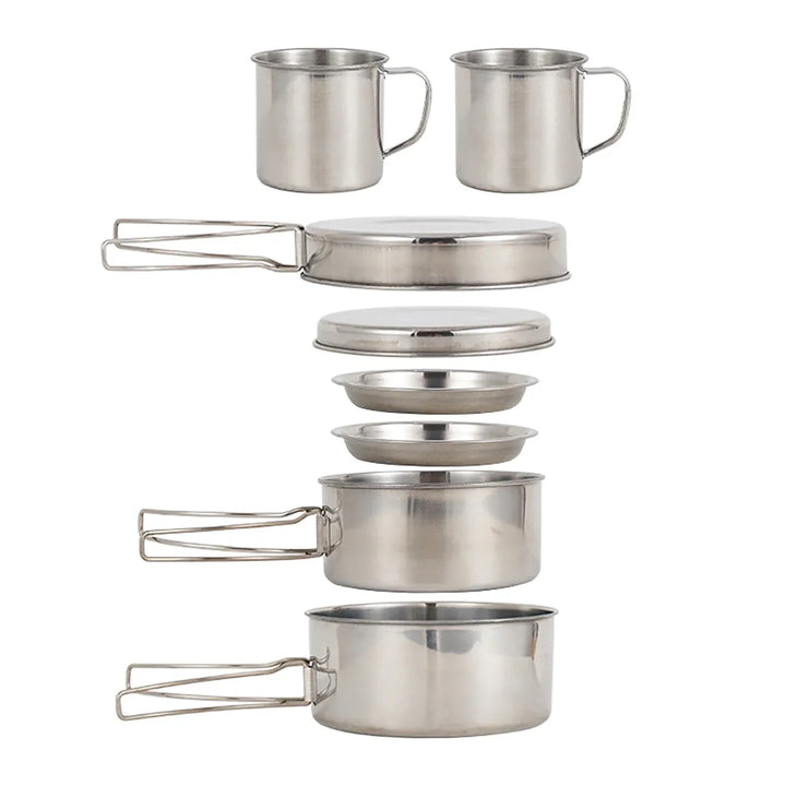 Complete compact camping mess kit including pots & pans, ideal stainless steel cookware for outdoor cooking.