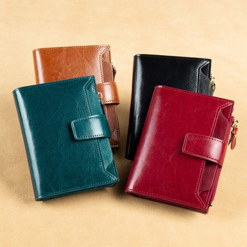 Compact RFID blocking leather wallet for women, front view.