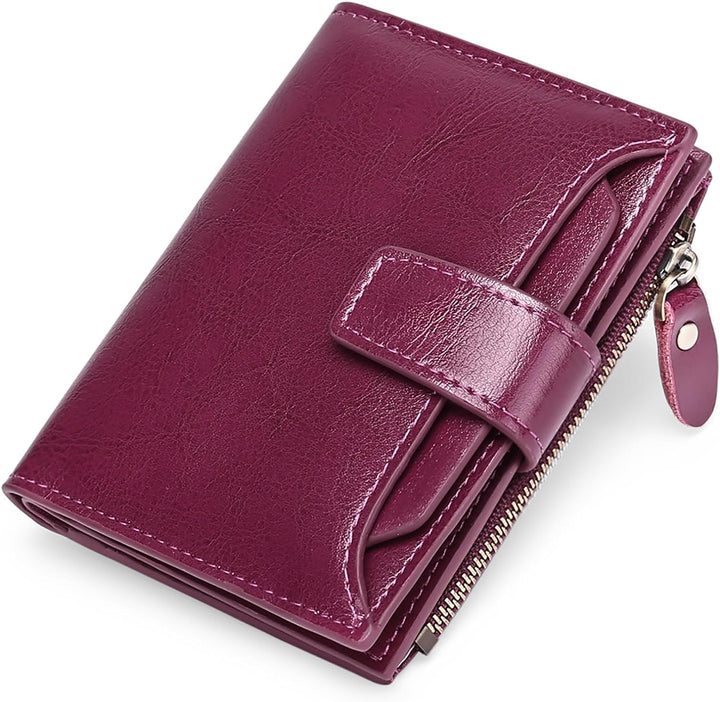 Compact RFID blocking wallet for women, featuring secure snap closure.