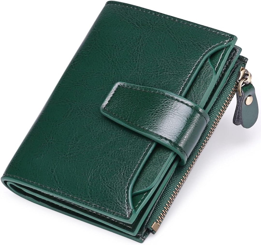 Green genuine leather compact wallet, a perfect women's accessory.