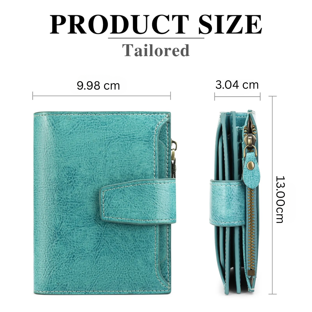 Women's compact wallet with RFID blocking, showing multiple card slots.