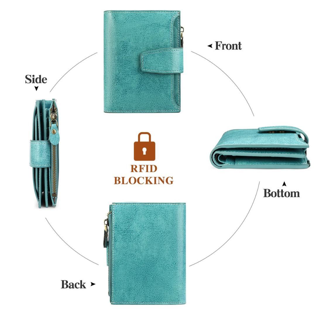 A woman holding her compact RFID blocking leather wallet.