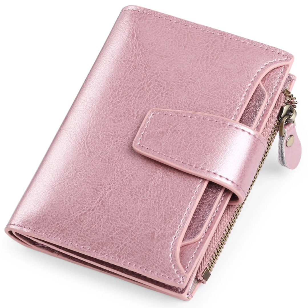 Multi-functional compact leather wallet for women, showcasing coin purse.