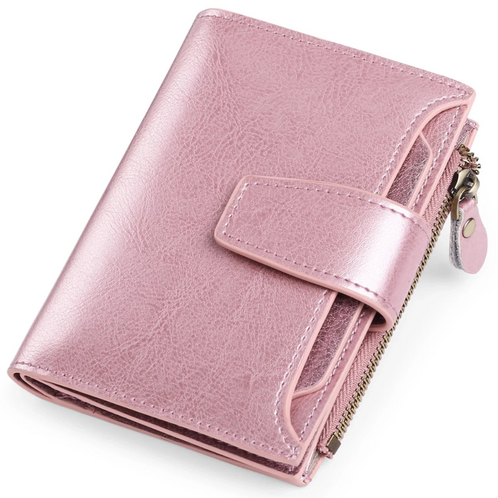 Multi-functional compact leather wallet for women, showcasing coin purse.