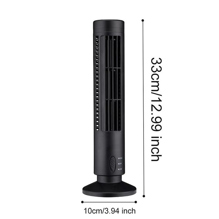 Silent bladeless compact tower fan for desk. Portable USB cooling for home & office.