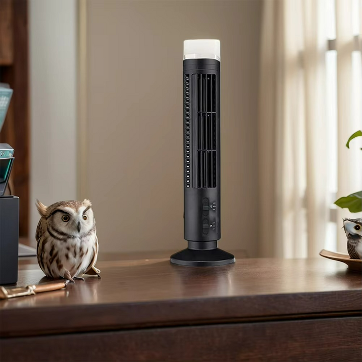 Compact bladeless desk fan ensures silent, efficient cooling for your home office workspace.