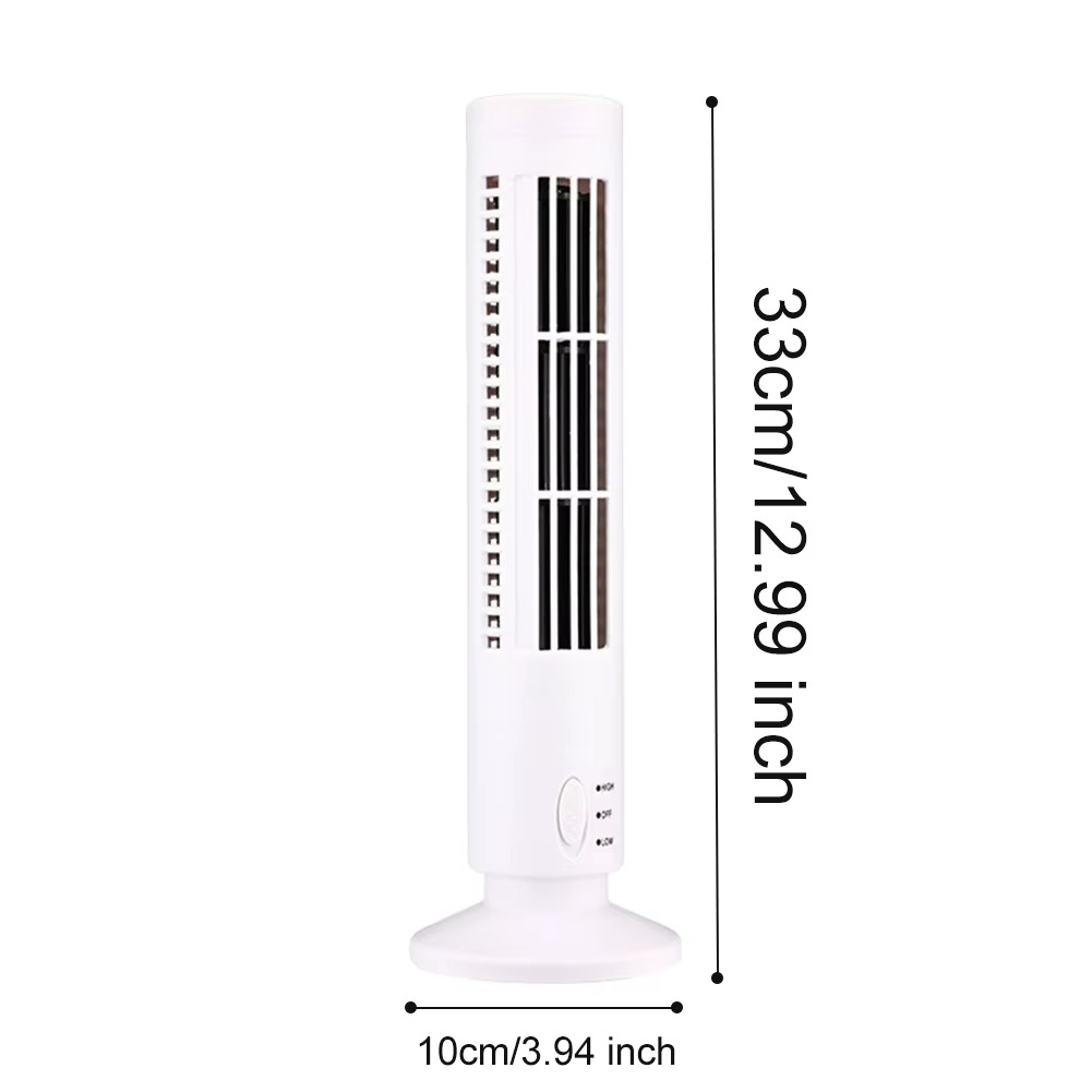 Compact bladeless tower fan, ideal for quiet home cooling or office desk use.