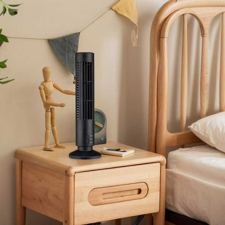 Silent bladeless compact tower fan for efficient home and office desk cooling.