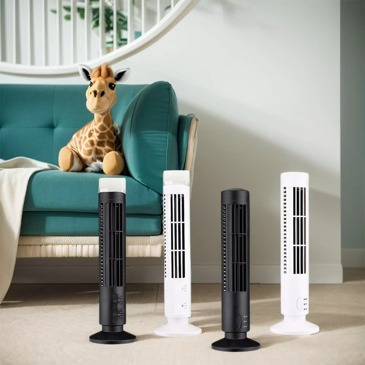 USB powered silent bladeless tower fan for compact and portable cooling in office or home.