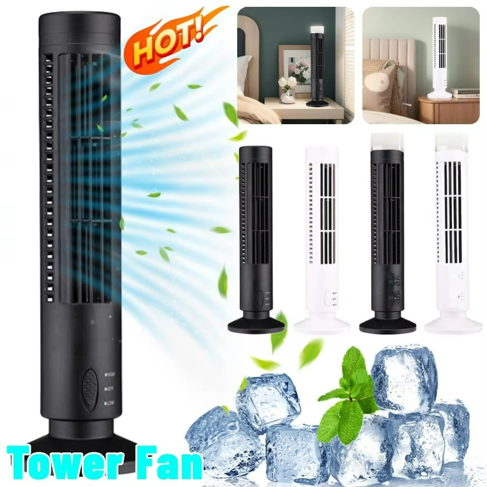 Sleek bladeless compact tower fan, provides silent home cooling & office comfort.