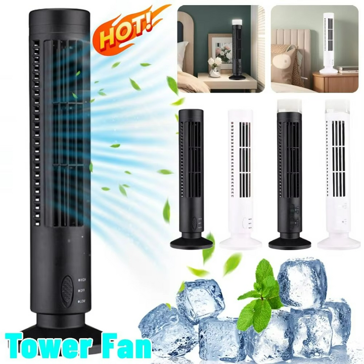 Sleek bladeless compact tower fan, provides silent home cooling & office comfort.