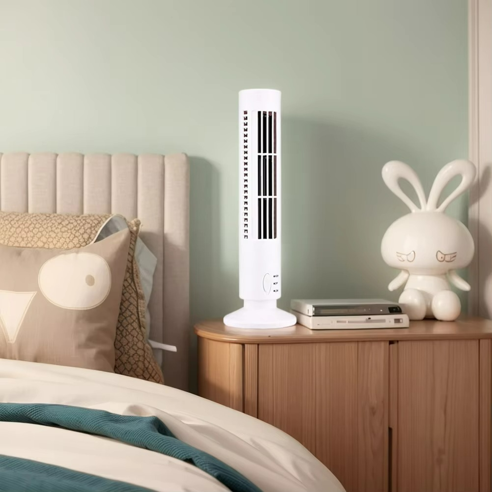 Versatile compact bladeless tower fan for silent, personal cooling in home bedrooms & office workspaces.