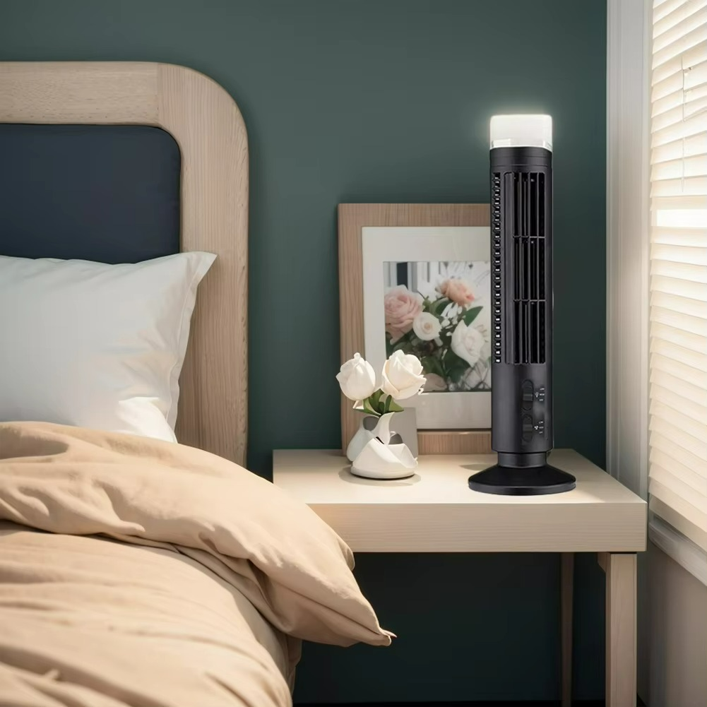 Quiet bladeless tower fan, compact design offers powerful personal cooling for any desk or room.