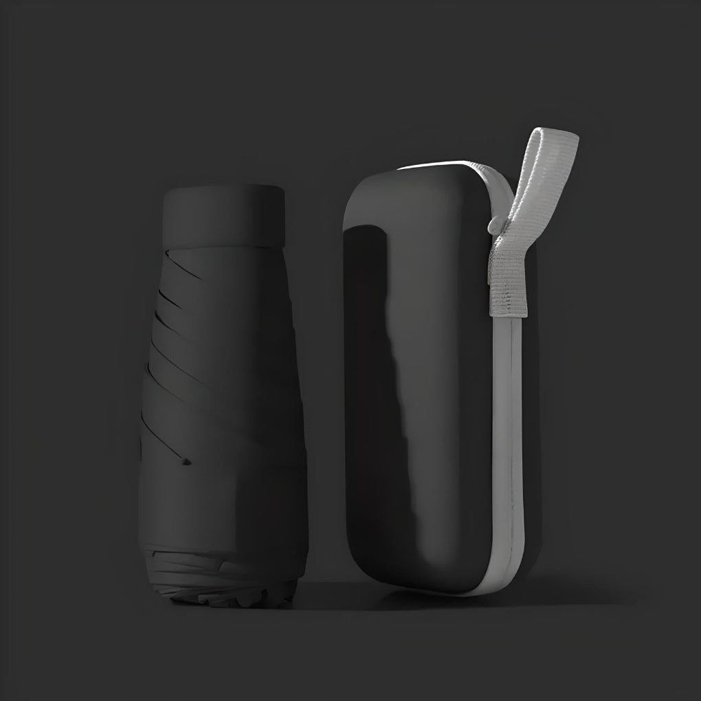 Compact travel umbrella, lightweight and windproof, with waterproof case for rain protection.