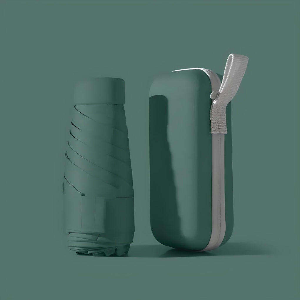 Close-up of a compact travel umbrella, showcasing its durable windproof design and portability.