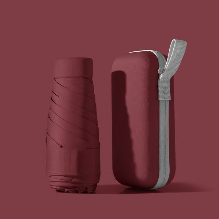 Person holding a compact umbrella with a waterproof case, a must-have portable accessory.