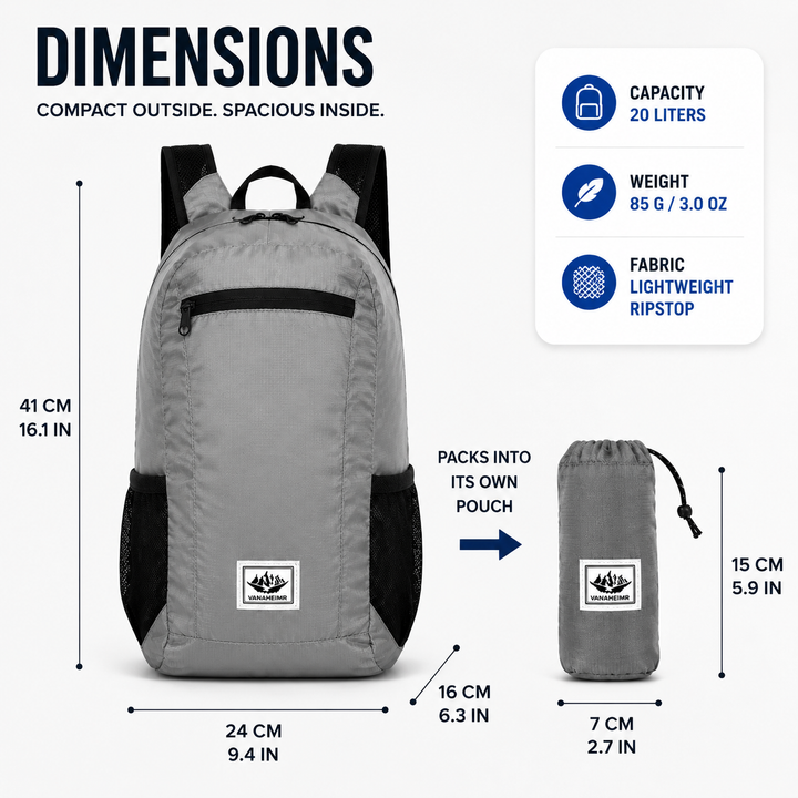 Unisex 20L foldable daypack, lightweight outdoor travel and hiking backpack.