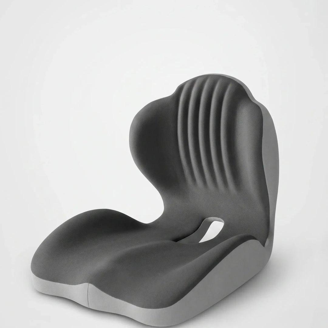 Unisex ergonomic contoured memory foam desk chair seat cushion for posture correction & spinal decompression.