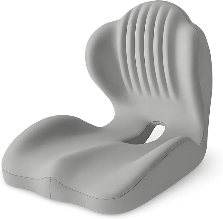 Contoured memory foam seat support pad for ergonomic hip alignment and back pain relief in any chair.