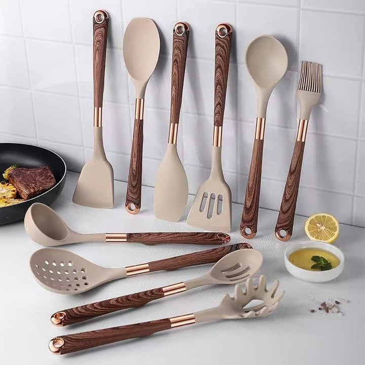 10-piece modern silicone kitchen utensil set with wood-look handles for cooking and baking. Nonstick safe.