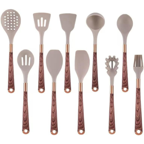 Modern 10-piece silicone kitchen utensils with elegant wood-look handles, perfect for safe nonstick cooking.