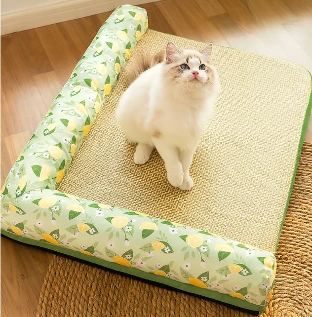Lemon scented feline cooling mat with raised edge. Easy clean summer pet bed for cats & small dogs.