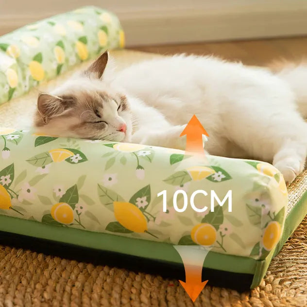 Give your cat ultimate summer comfort: a raised edge, lemon scented cooling mat. Easy clean pet bed.