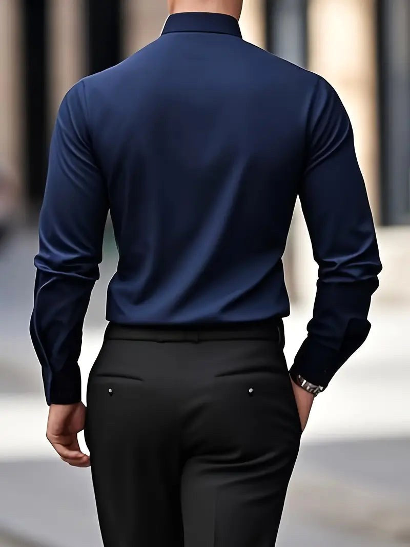 Modern men's slim-fit long-sleeve dress shirt, breathable and versatile for a sharp style.