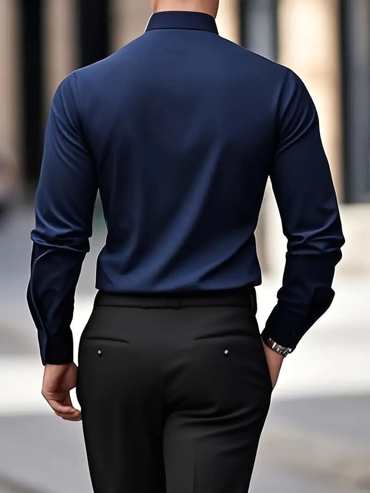 Modern men's slim-fit long-sleeve dress shirt, breathable and versatile for a sharp style.