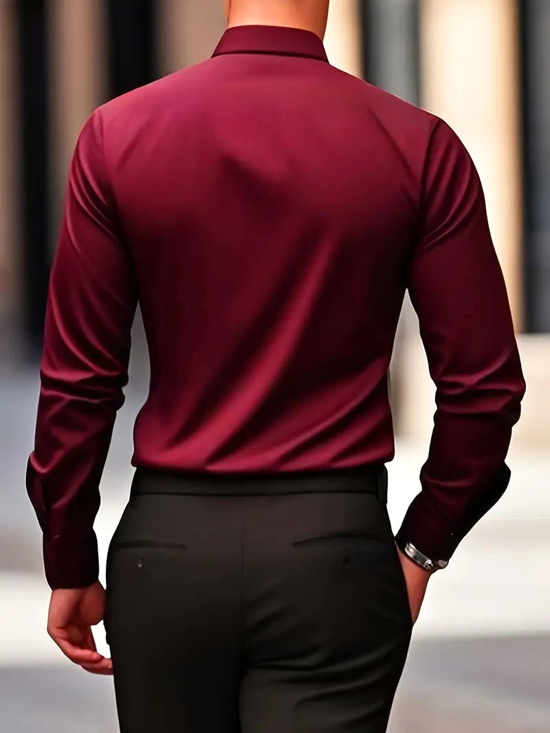 Front view of a men's breathable slim-fit long-sleeve button-up shirt for modern fashion.