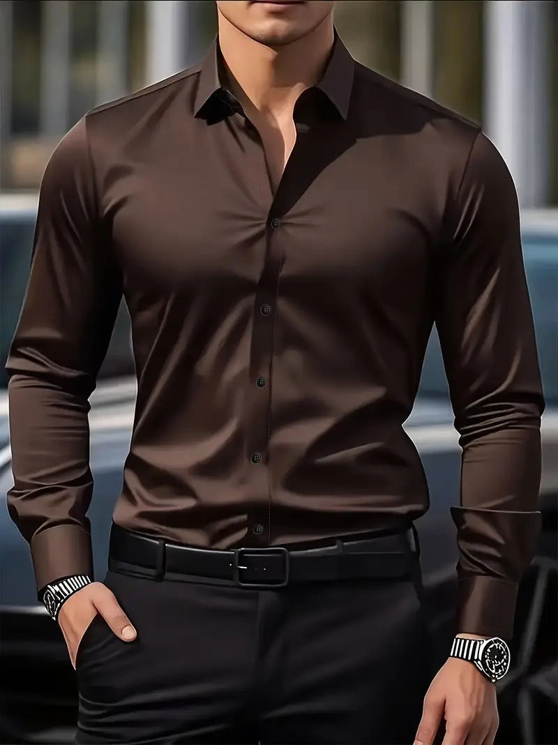 Stylish men's slim-fit long-sleeve shirt, breathable fabric for a sleek modern look.
