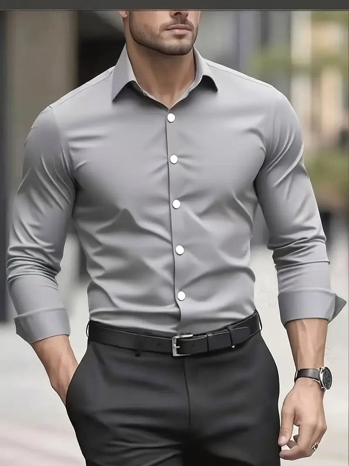 Modern men's slim-fit long-sleeve shirt, breathable, perfect for casual or professional style.