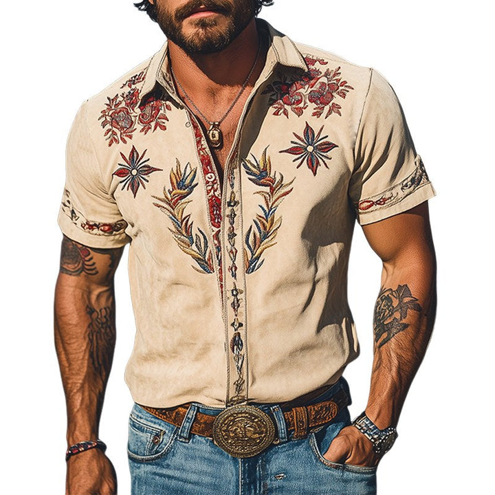 Men's Western floral print short-sleeve shirt. Relaxed fit, perfect for summer casual wear & travel.
