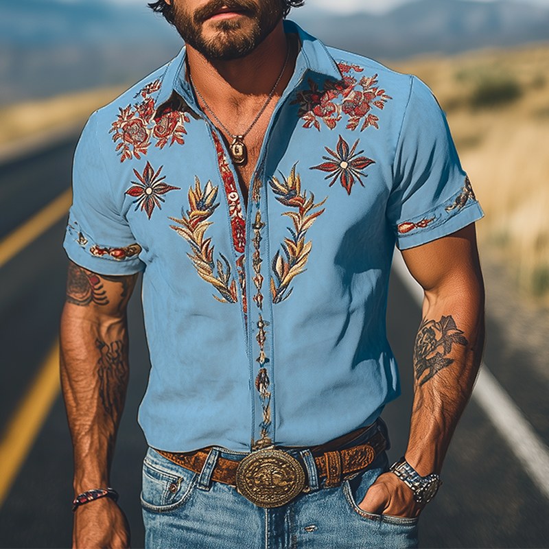 Men's relaxed fit western shirt with a point collar & bold floral print. Short sleeves, great for casual travel.