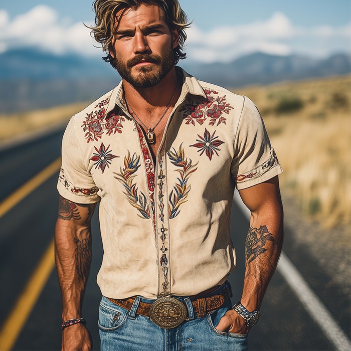 Comfortable men's short-sleeve western shirt with a trendy floral print. Relaxed fit for effortless summer style.