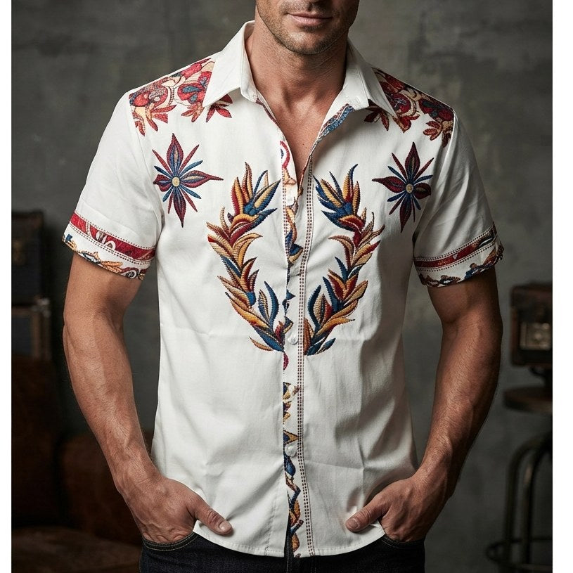 Lightweight men's floral print short-sleeve western shirt. Relaxed fit, essential for summer travel and casual style.