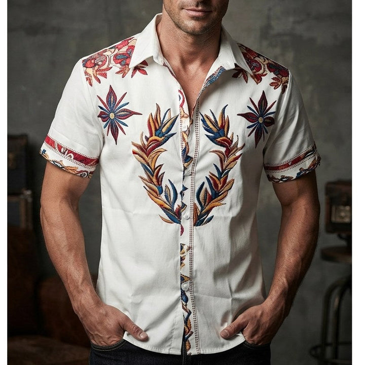 Lightweight men's floral print short-sleeve western shirt. Relaxed fit, essential for summer travel and casual style.