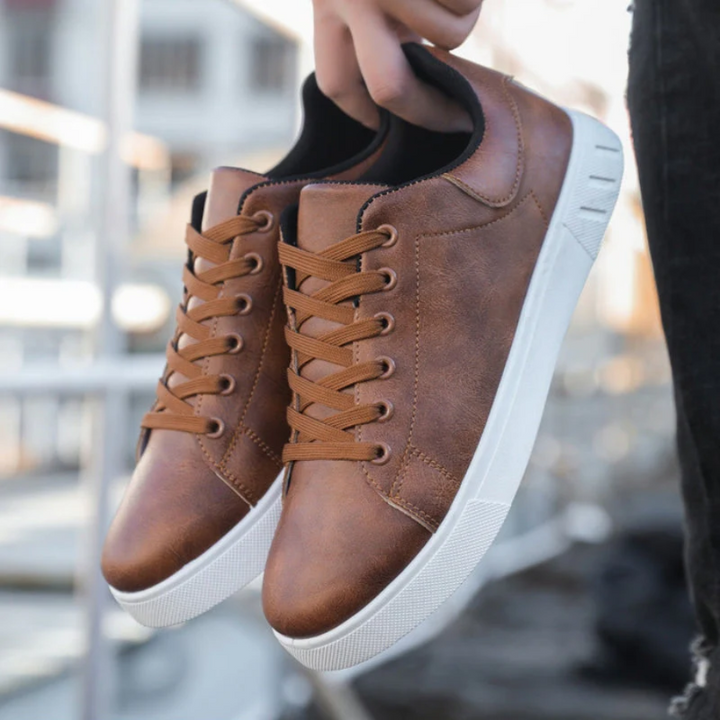 Supportive men's casual lace-up orthopedic sneakers. Black low-top design for all-day comfort & style.