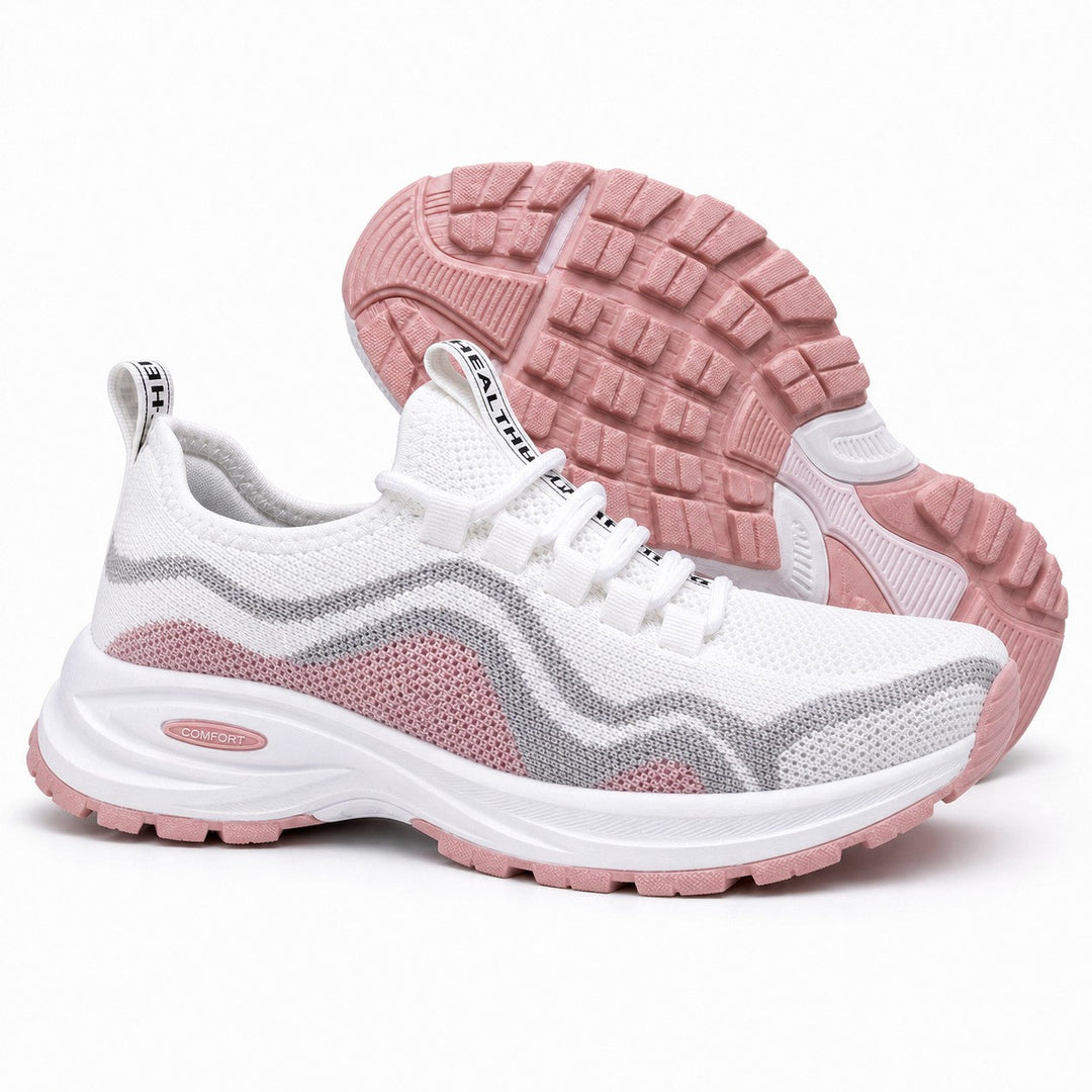Secure lace-up system on supportive women's walking shoes, ensuring optimal fit and comfort.