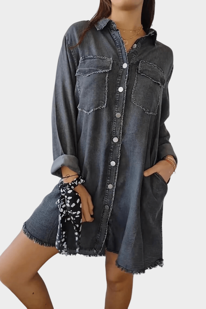 Cordelia

Wait, | Women's Button Front Mini Shirt Dress - Grey - Image 1
