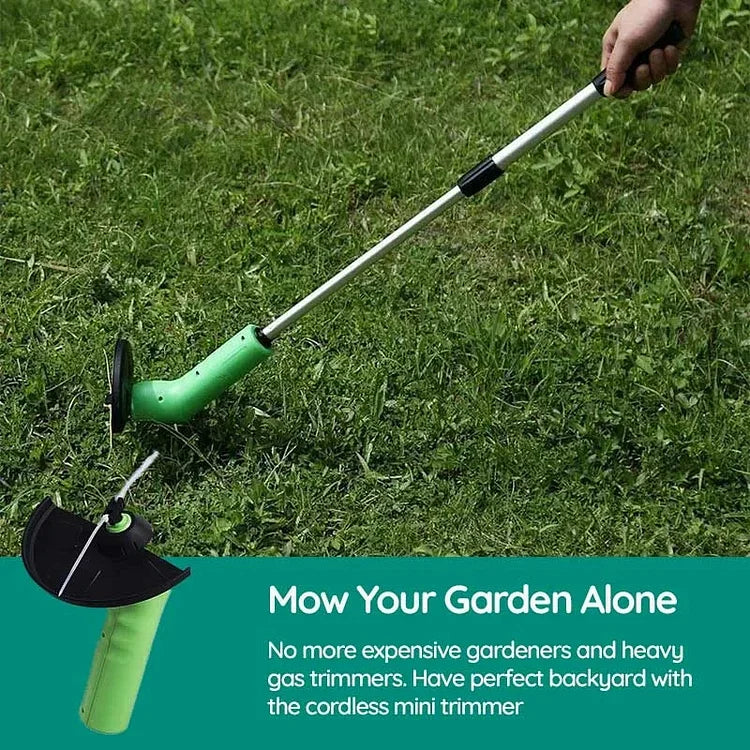 Ergonomic cordless mini trimmer making light work of weeds & grass. Essential portable garden maintenance tool.