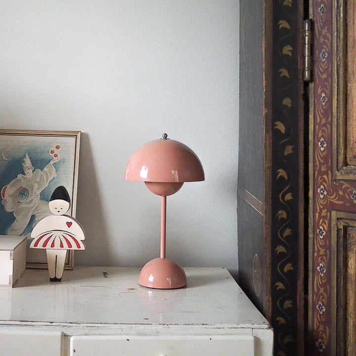 Umbrella-design retro LED lamp, cordless & rechargeable, enhancing home decor with mood light.