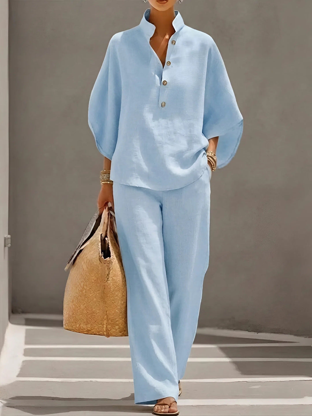 Cordula | Women's Button Up Wide Leg Two Piece Set - Champagne - Image 2