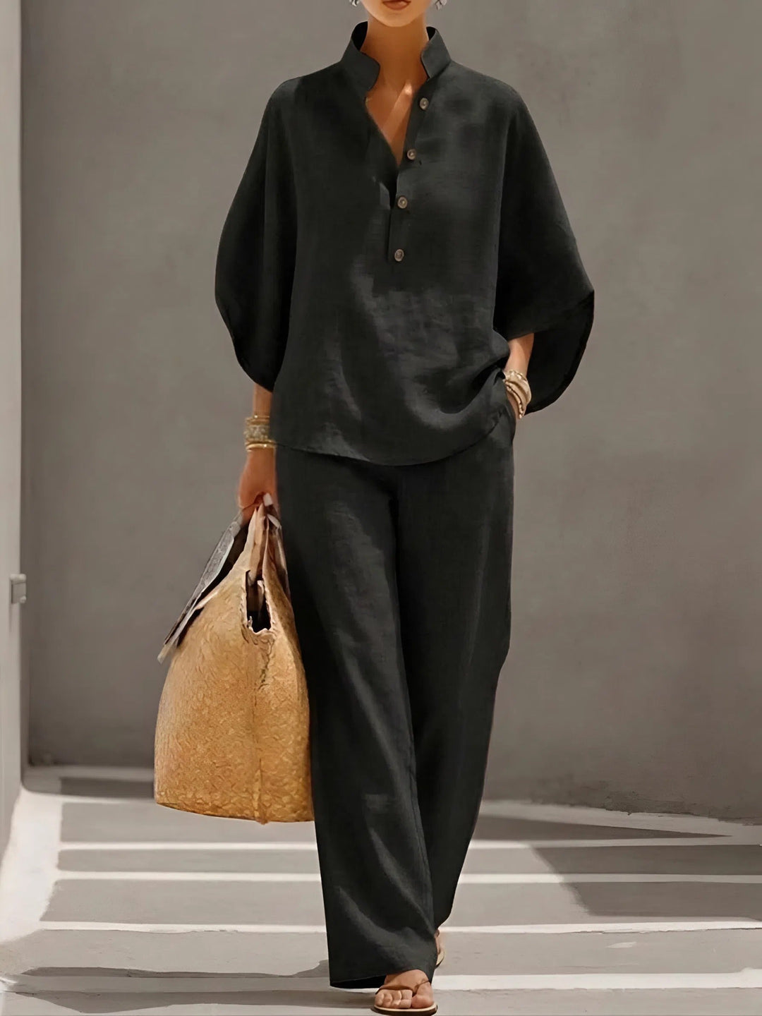 Cordula | Women's Button Up Wide Leg Two Piece Set - Champagne - Image 7