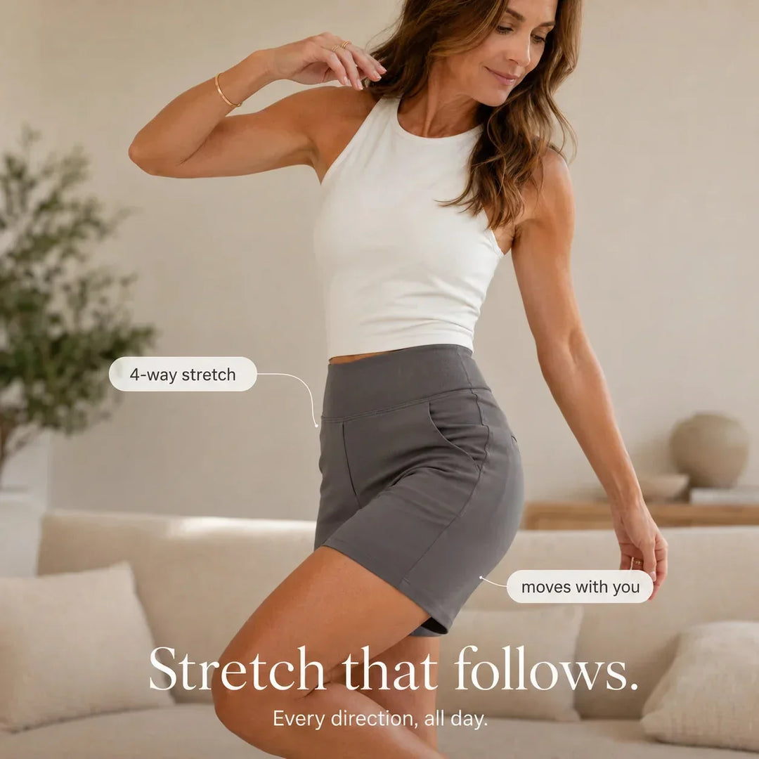 Modern high waist stretch pocket shorts for women, combining comfort with versatile style.